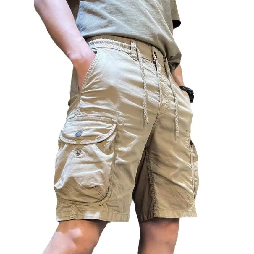 Loose straight multi-pocket casual overalls pants in Korean style with elastic polyester fabric