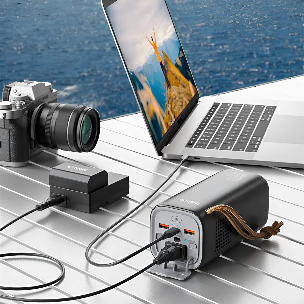 Black portable power bank with solar panel and display, showing 200W output and charging ports.