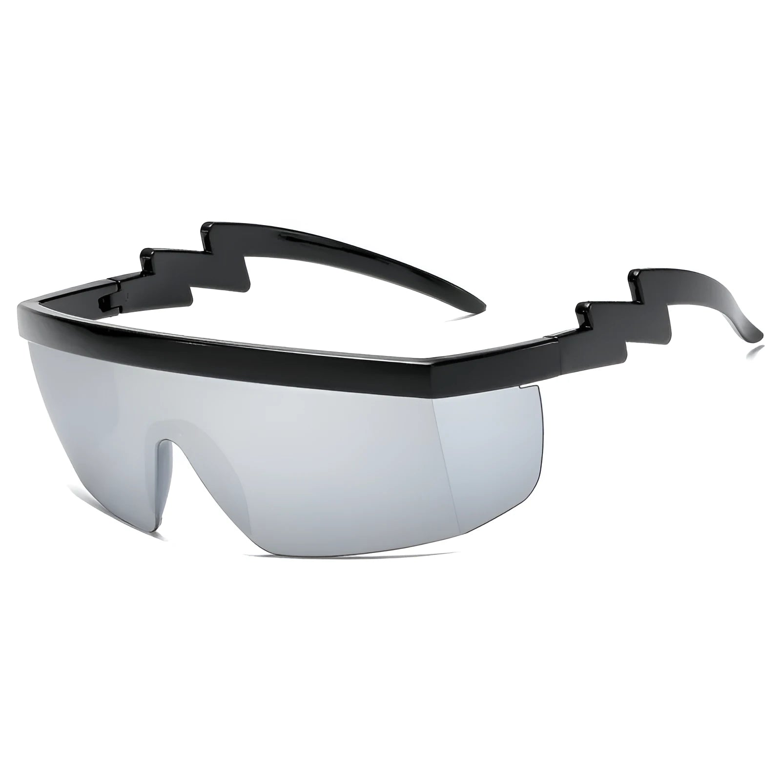One-piece sports sunglasses with lightning bolt temple legs and polycarbonate lenses