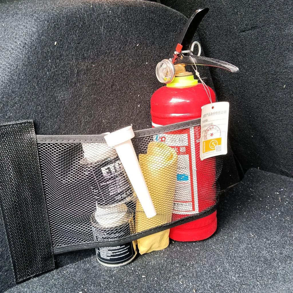 Black polyester elastic storage net for car boot organisation in two size options