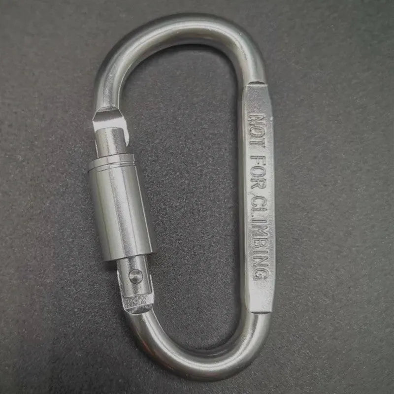 D-type aluminium locking climbing carabiner with screwgate, shown in a bright colour on a grey background.