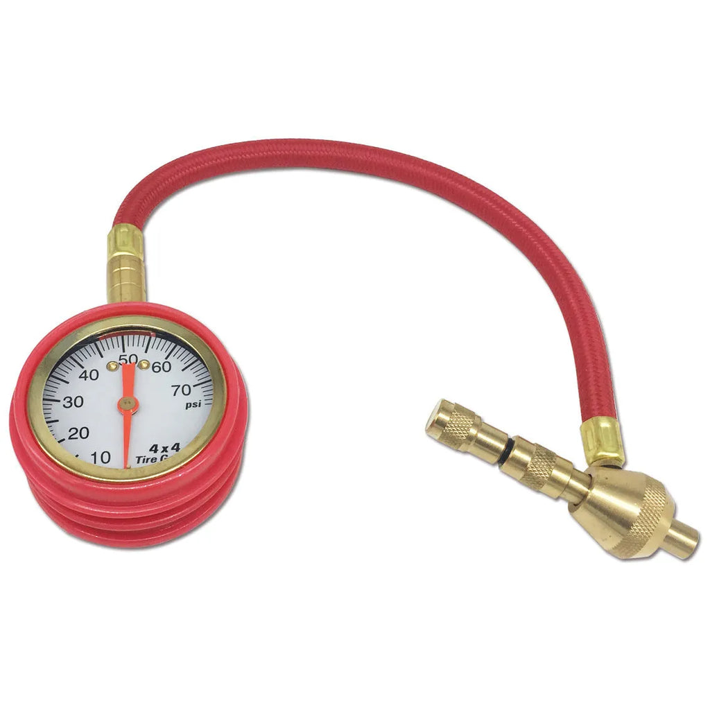 Mechanical tyre pressure gauge with metal body and rubber shell in three colour variants