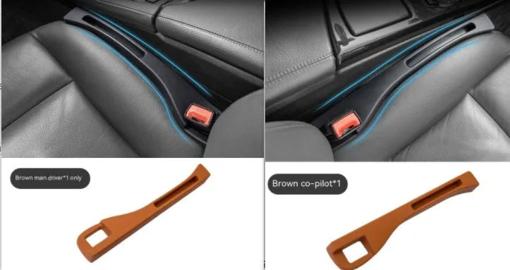 Black and brown plastic car seat gap storage boxes with handles for driver and passenger sides.