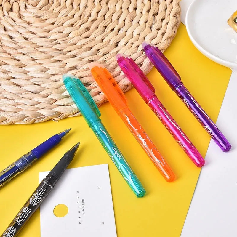 Pack of heat-erasable gel pens with plastic bodies and stainless steel nibs, showing multiple colour options.