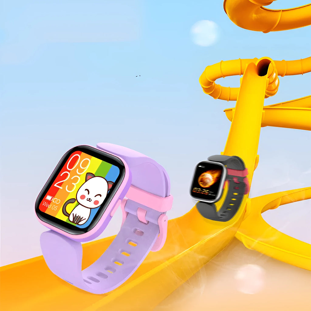 Blue H39T smart children's watch with sporty TPU strap on a wrist, showing the 1.4-inch touch screen.