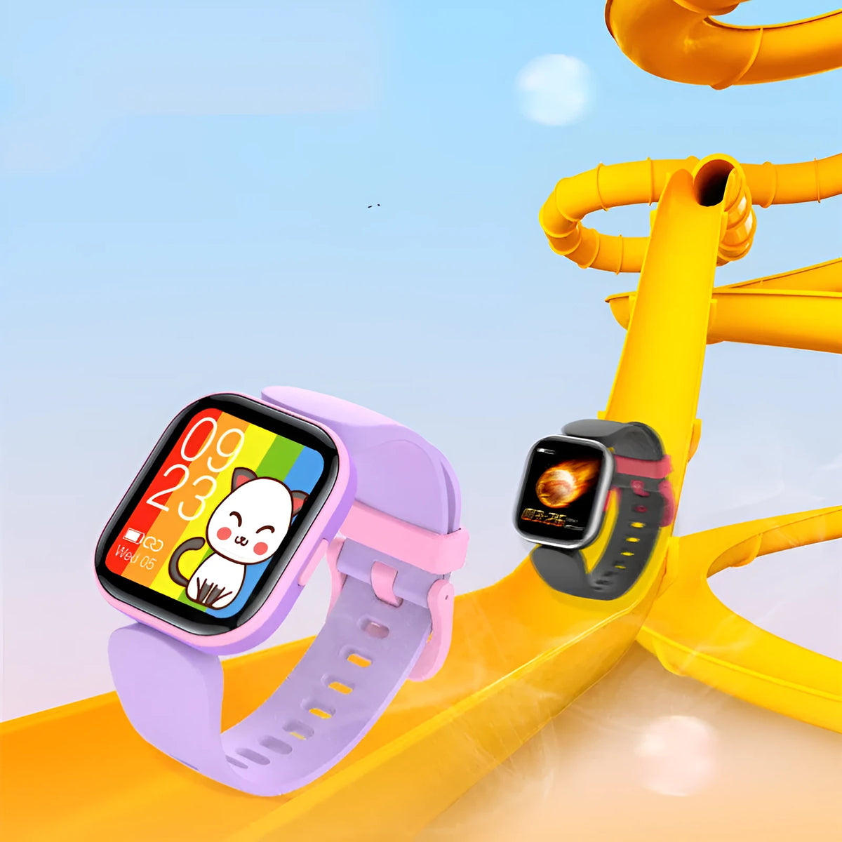 Blue H39T smart children's watch with sporty TPU strap on a wrist, showing the 1.4-inch touch screen.