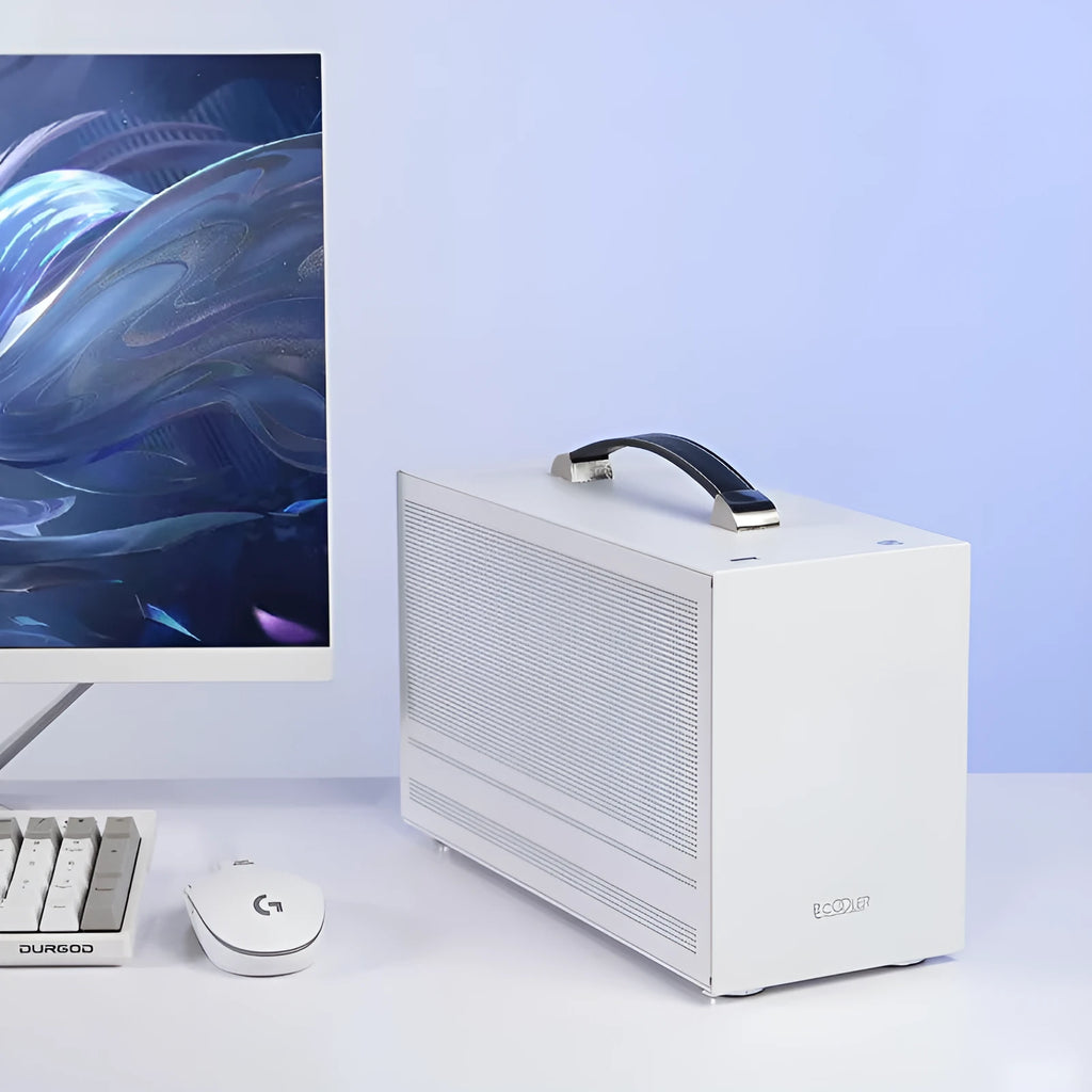Hummingbird PRO ITX mini desktop computer case in titanium grey or white tinned steel.