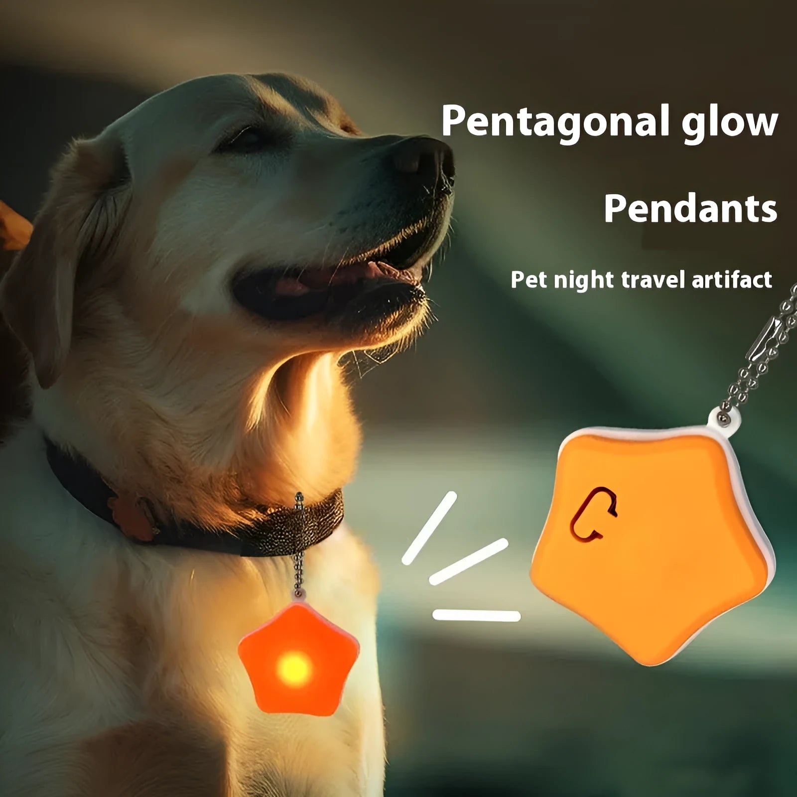 Blue rechargeable silicone pet pendant light attached to a dog collar for night walking.