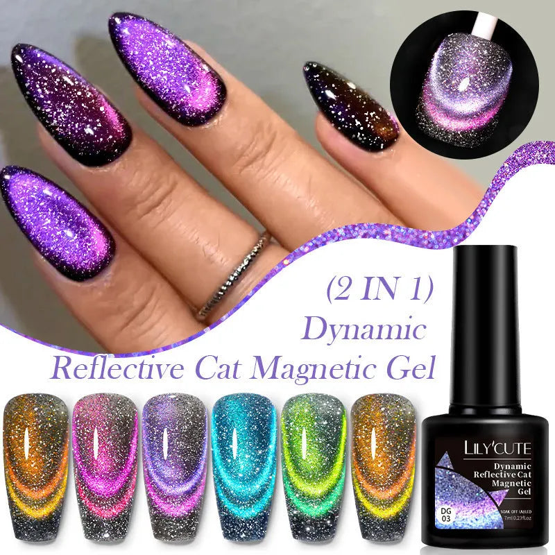 Cat eye series UV gel nail polish bottle with diamond glitter in one of six colour options.