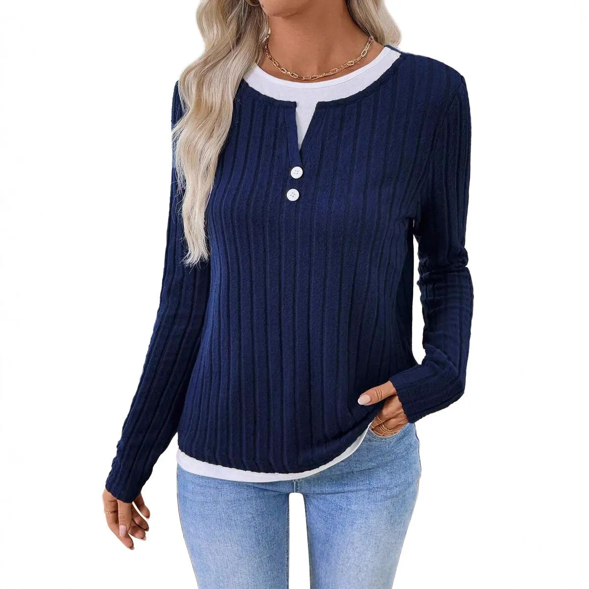 Women's fake two-piece round neck button pullover sweater in concave stripe polyester fabric
