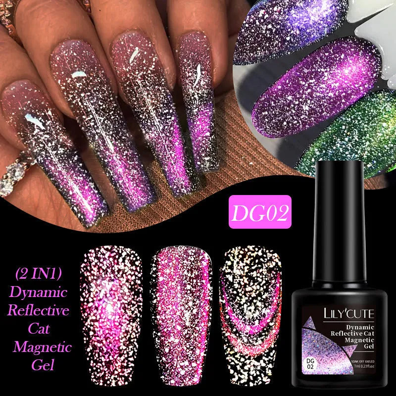 Cat eye series UV gel nail polish bottle with diamond glitter in one of six colour options.