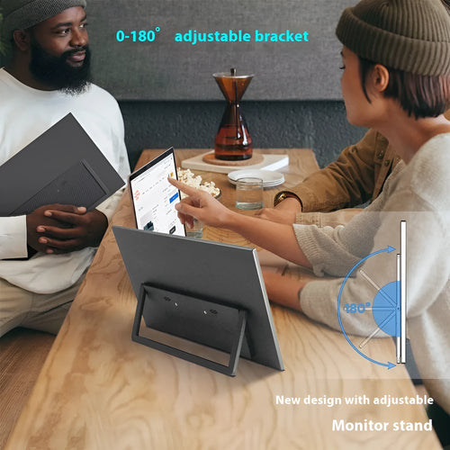 Black 15.6-inch portable LED monitor with adjustable stand on desk