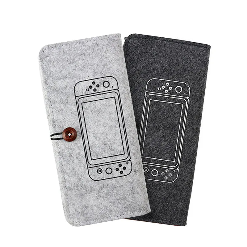 Black felt Nintendo Switch carrying pouch with game card slots and double compartments.