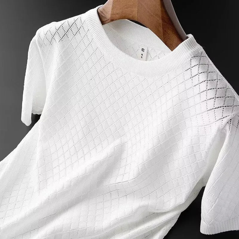 Men's Black and White Korean style ice silk t-shirt showing V-neck and round neck options.