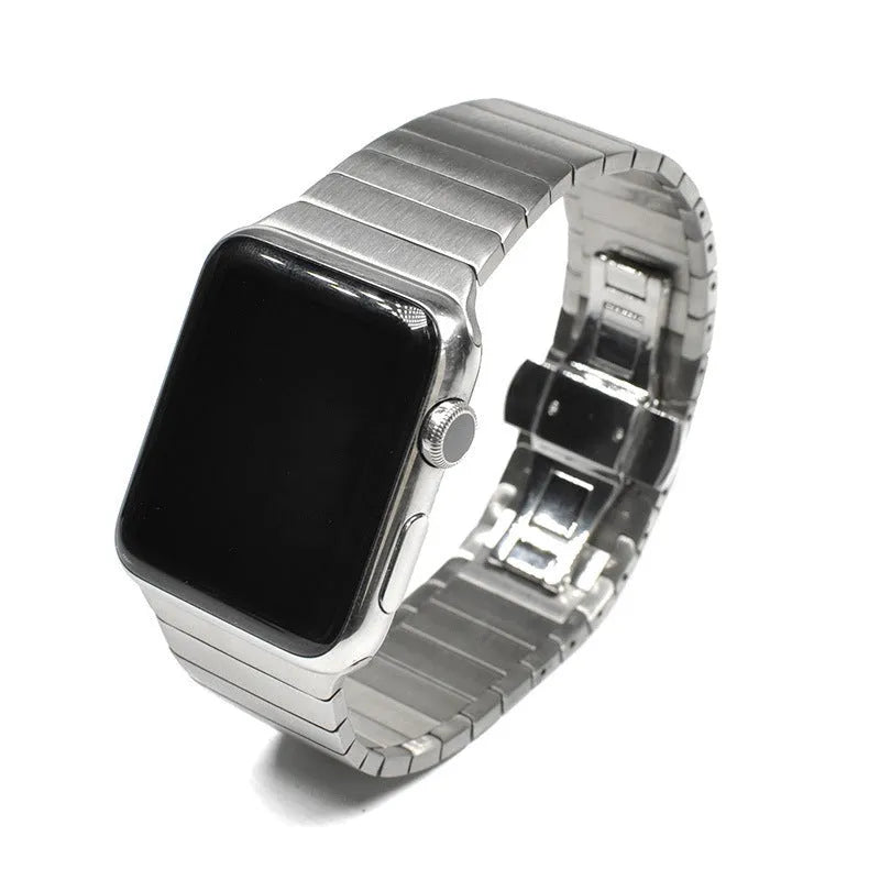 Stainless steel metal chain Apple Watch band with butterfly buckle in silver colour.