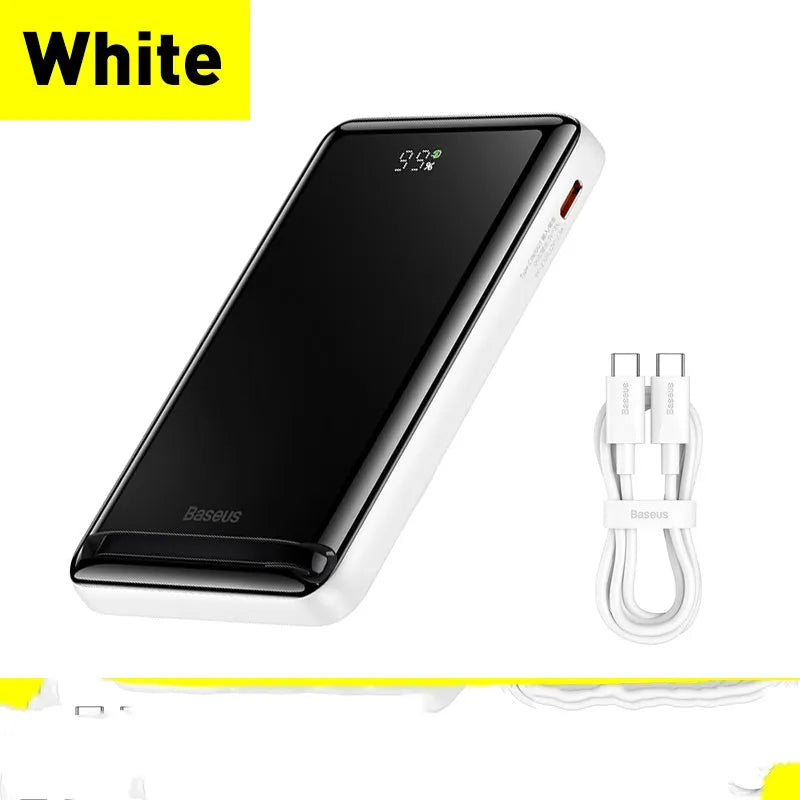 Slim blue 3-in-1 magnetic power bank with wireless charging capability showing dimensions