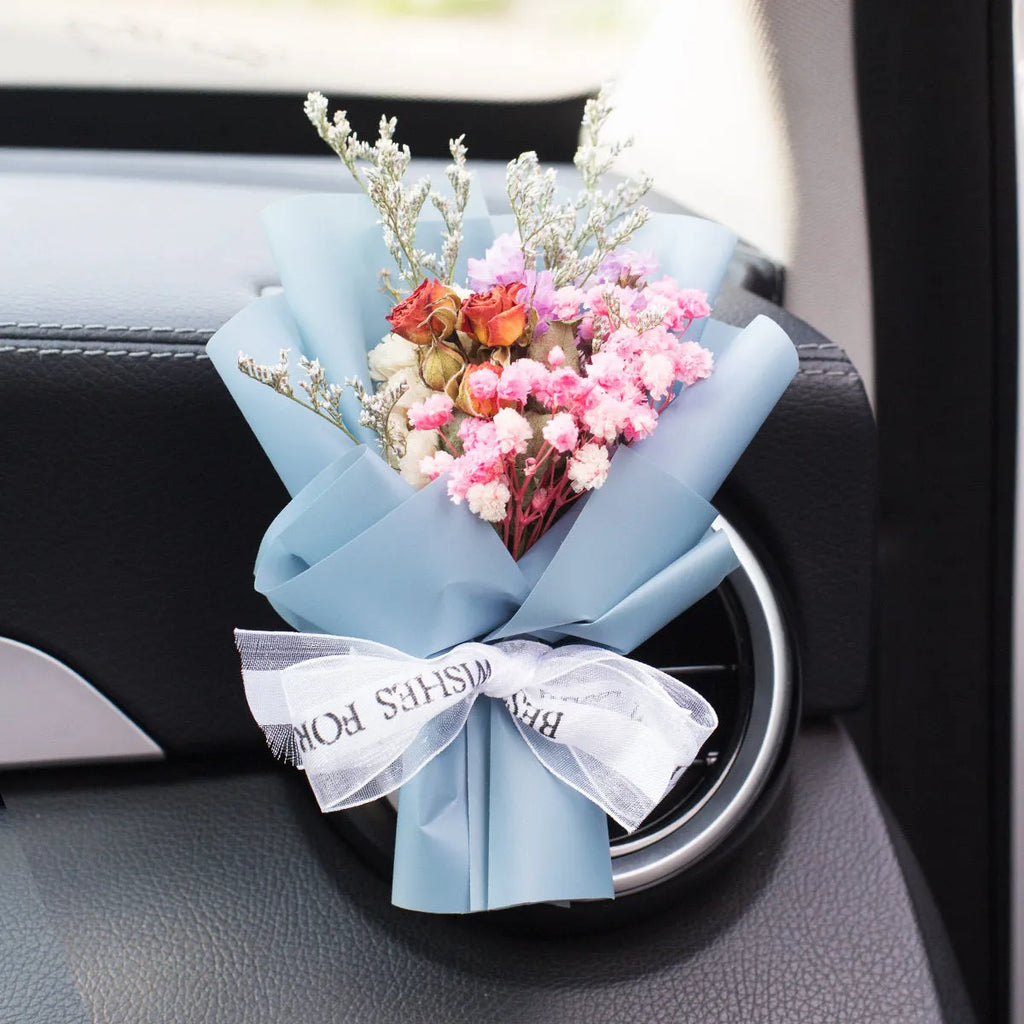 Handmade dried flower car vent perfume ornament in assorted colours for vehicle air freshening