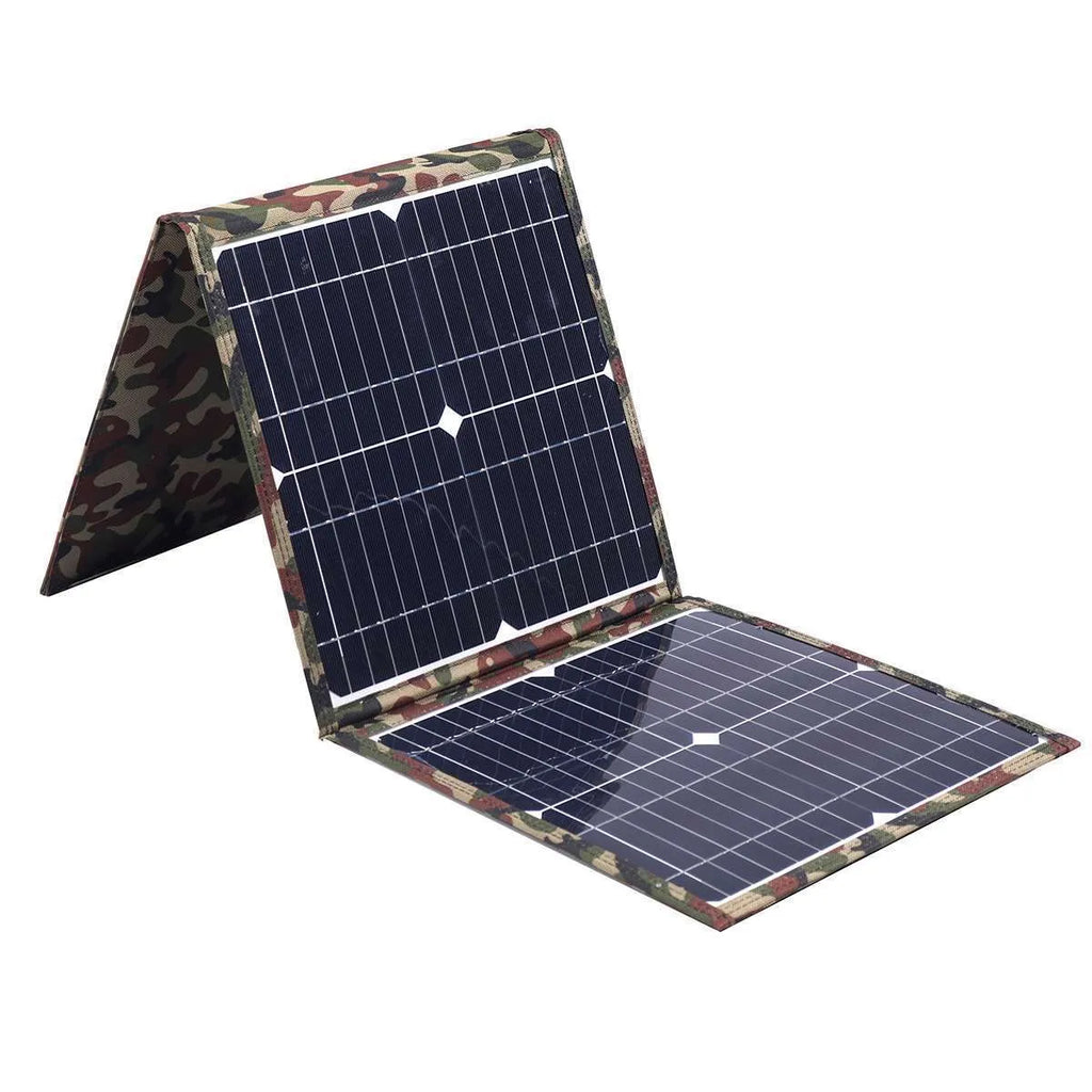 Black foldable 36W portable solar panel unfolded, showing three monocrystalline panels with included car charger and USB hub