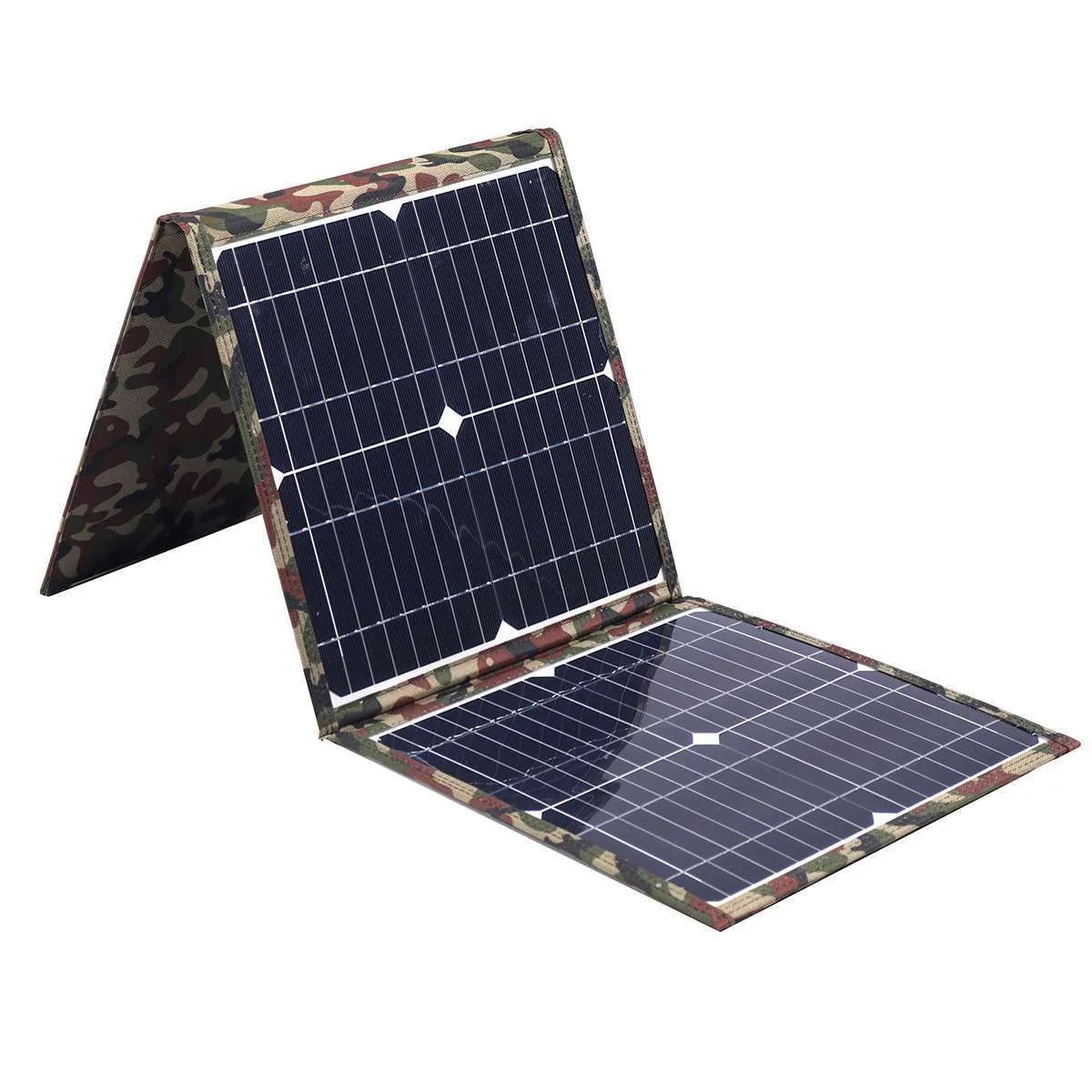 Black foldable 36W portable solar panel unfolded, showing three monocrystalline panels with included car charger and USB hub