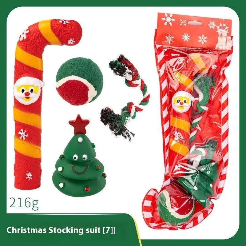 Christmas dog chew toys set with vinyl Santa heads, trees, and festive shapes in gift packaging
