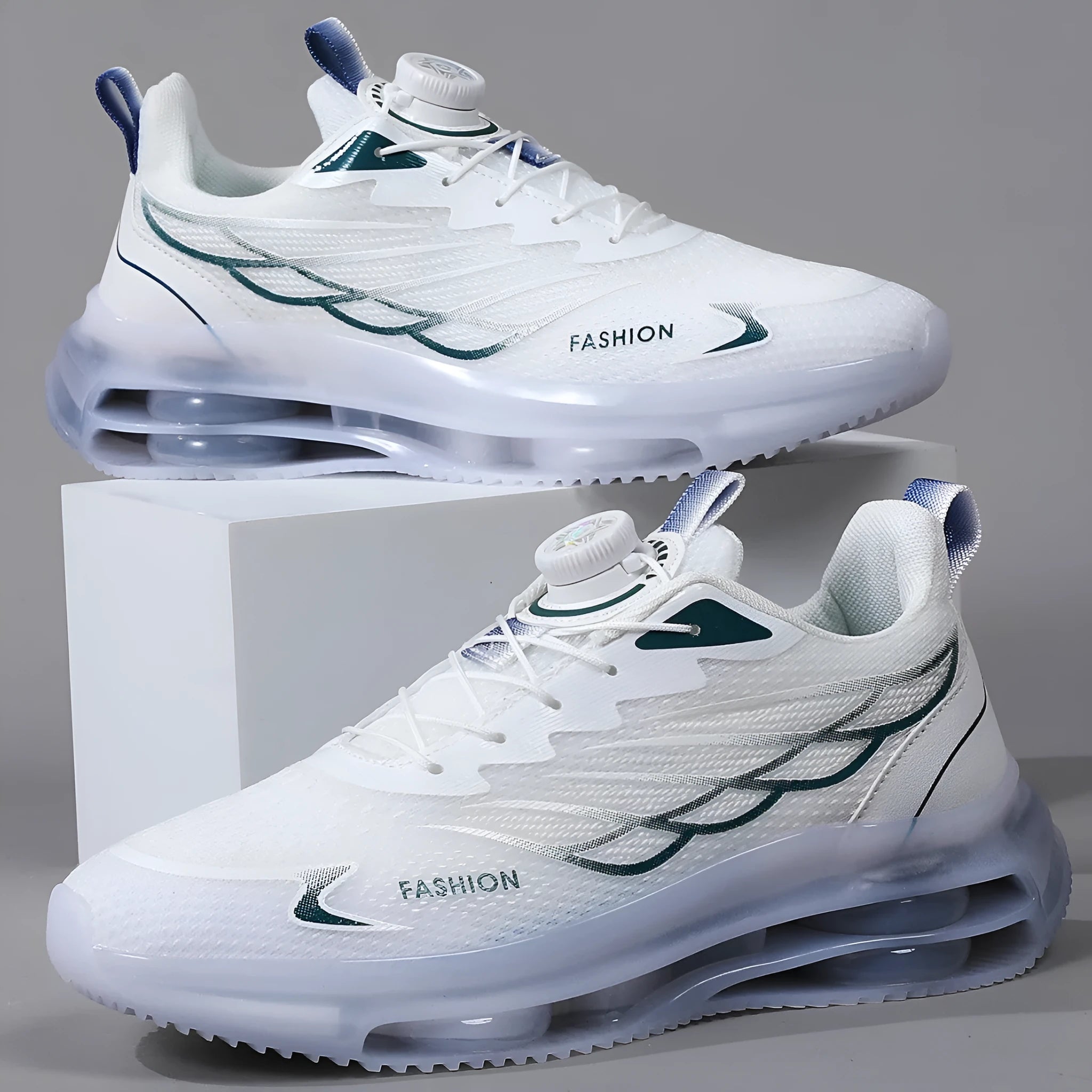 White low-top casual running shoes with mesh upper and rubber sole on solid background