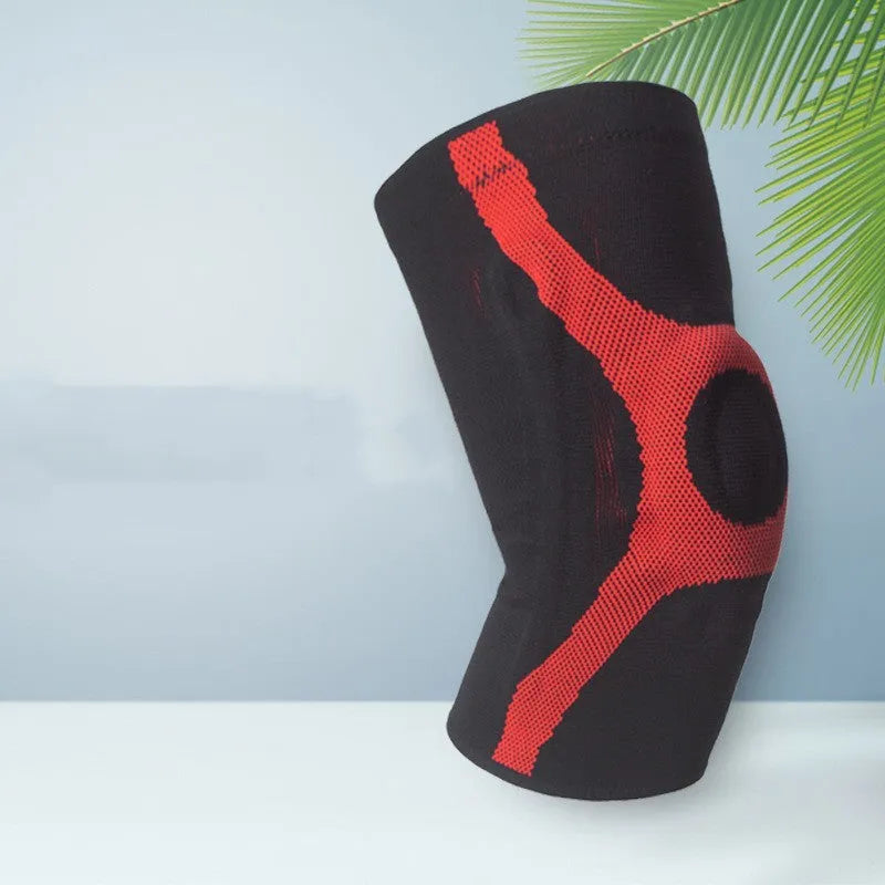 Red and grey knitted sports knee pads with silicone non-slip design for running and climbing activities