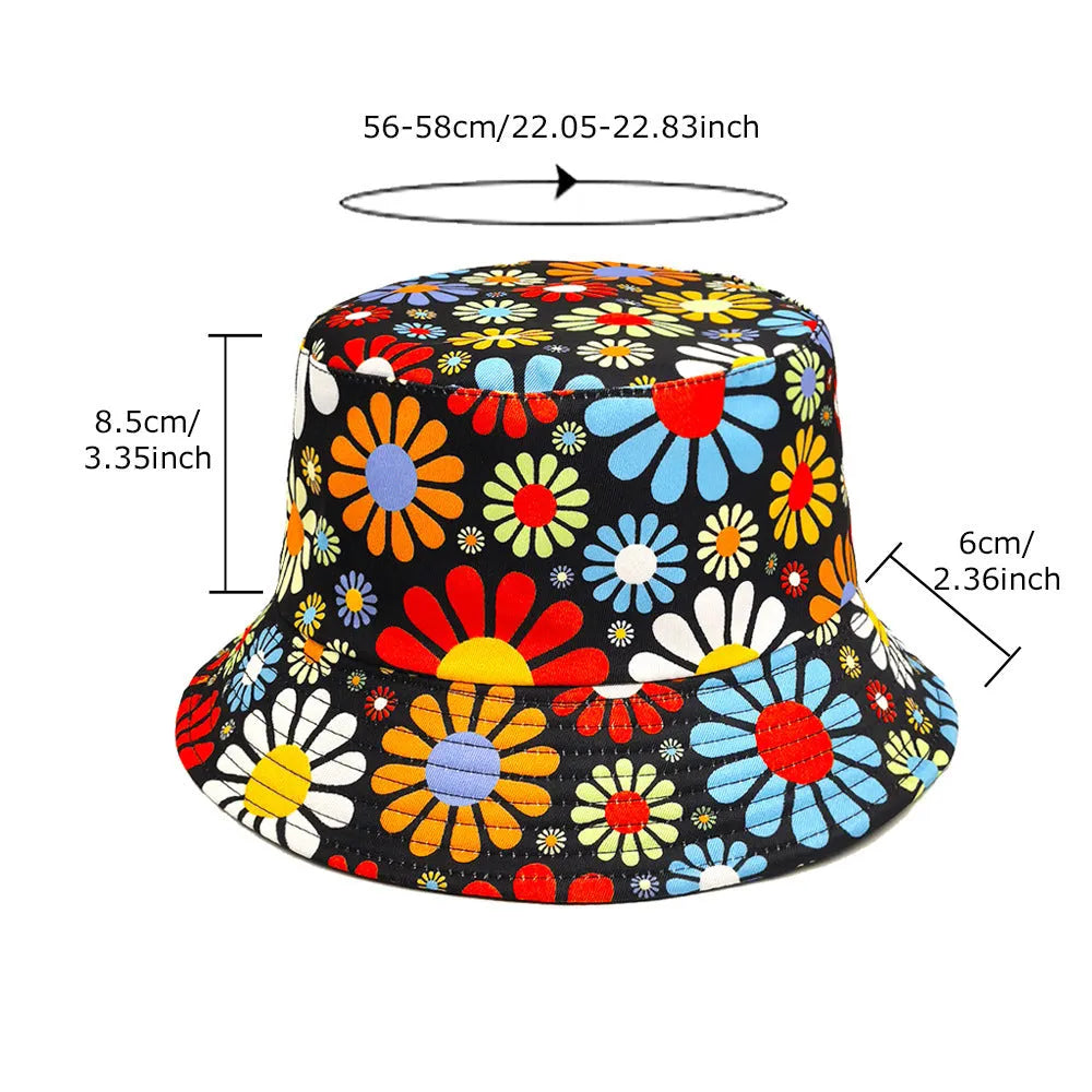 Floral print polyester bucket hat with dome crown in M size 56-58cm