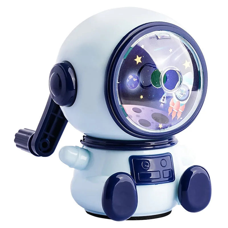Cartoon astronaut manual pencil sharpener in blue or pink with adjustable blades