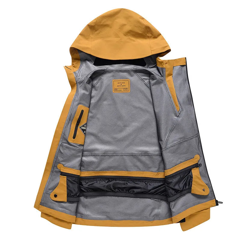 Men's and women's windproof waterproof ski suit in yellow, black, grey, or liner colour options