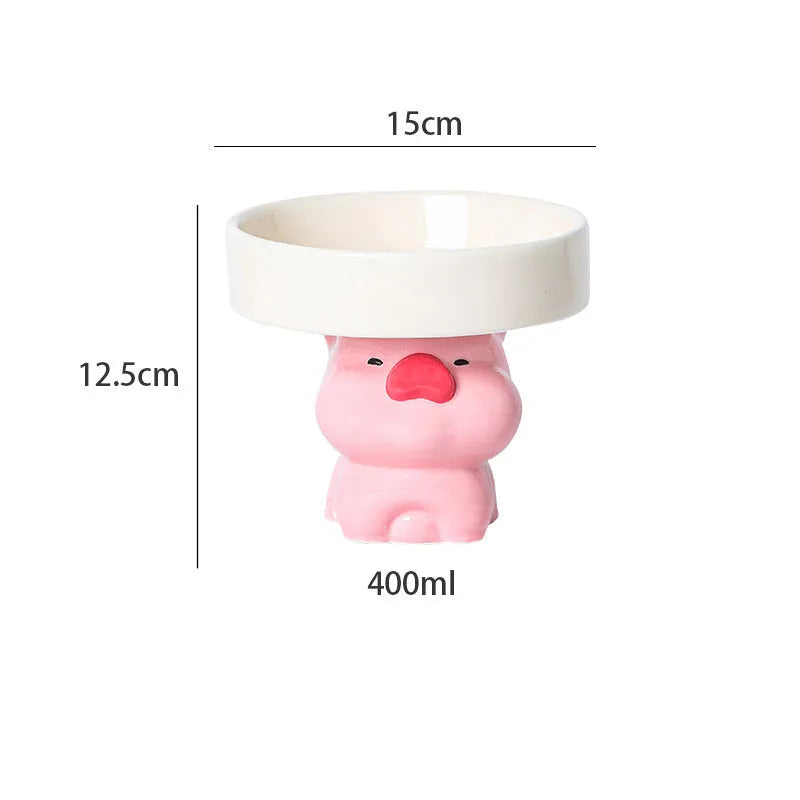 Raised ceramic cat food bowl in animal theme design, showing 12.5cm height and 15cm width.