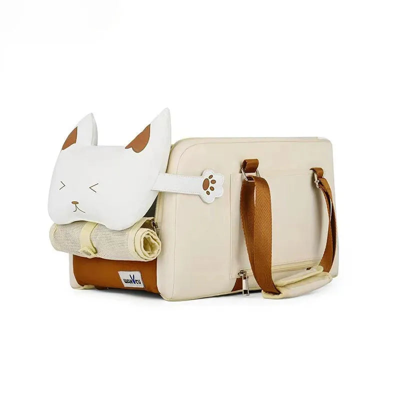 Beige hard-sided pet carrier flight case with central control panel for cats under 15kg