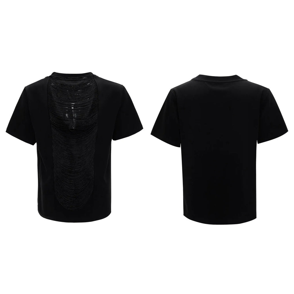 Men's black hollow-out V-neck T-shirt with three-dimensional cutting and loose fit design