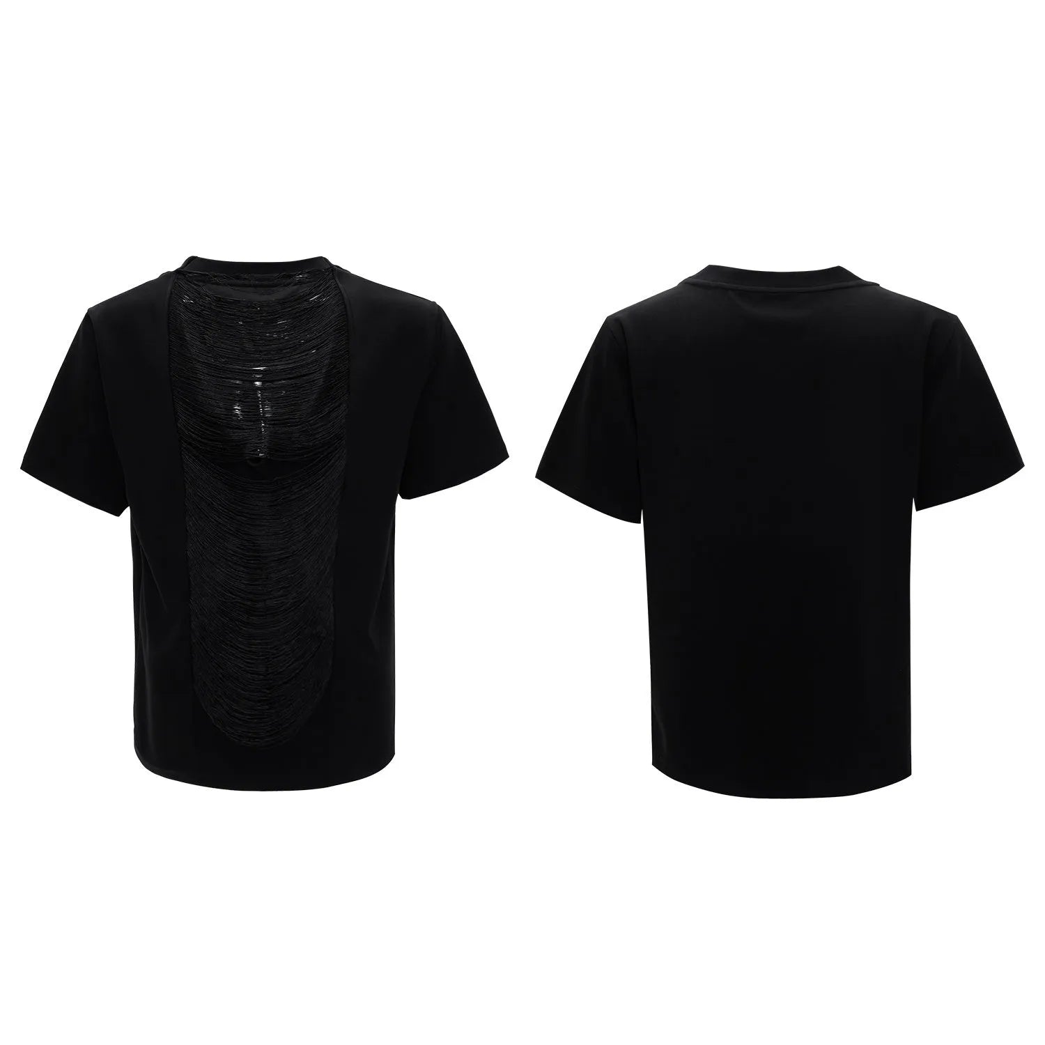 Men's black hollow-out V-neck T-shirt with three-dimensional cutting and loose fit design