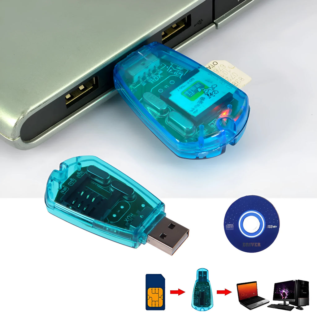Blue external USB SIM card reader for mobile phone data transfer on a white background