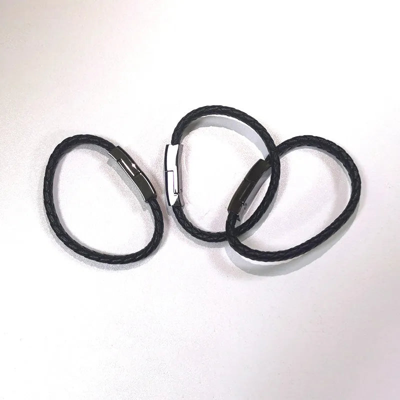 Black braided PU leather bracelet charger USB data cable with zinc alloy joints, 20cm or 22.5cm