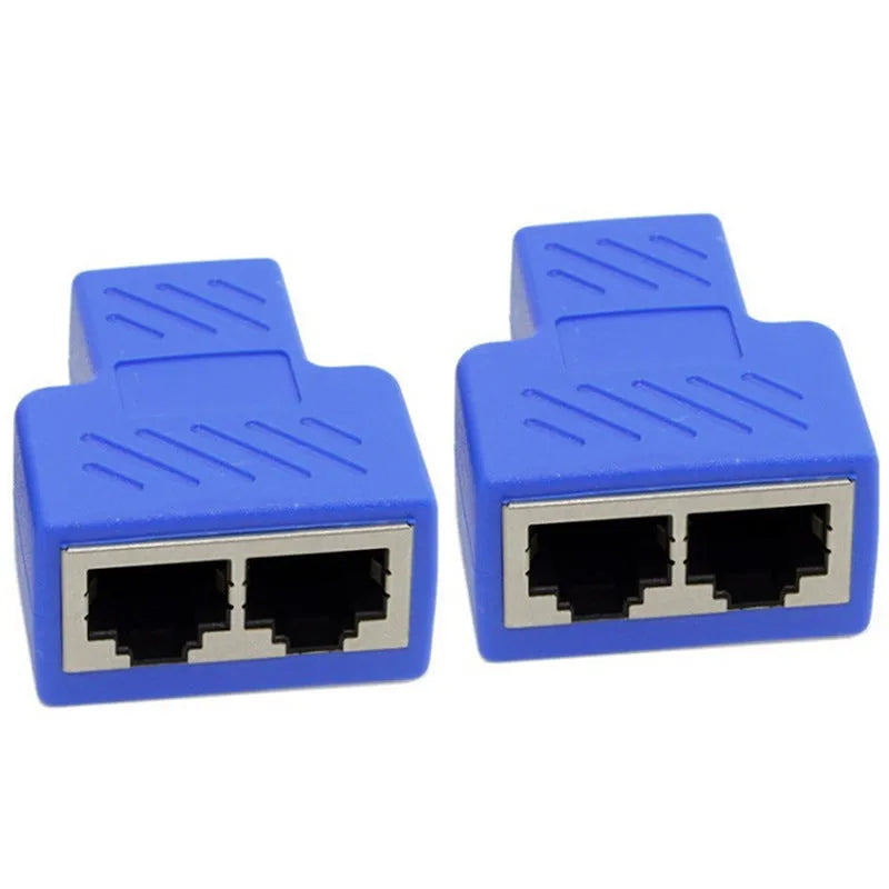 White RJ45 network cable splitter adapter dividing one Ethernet connection into two ports
