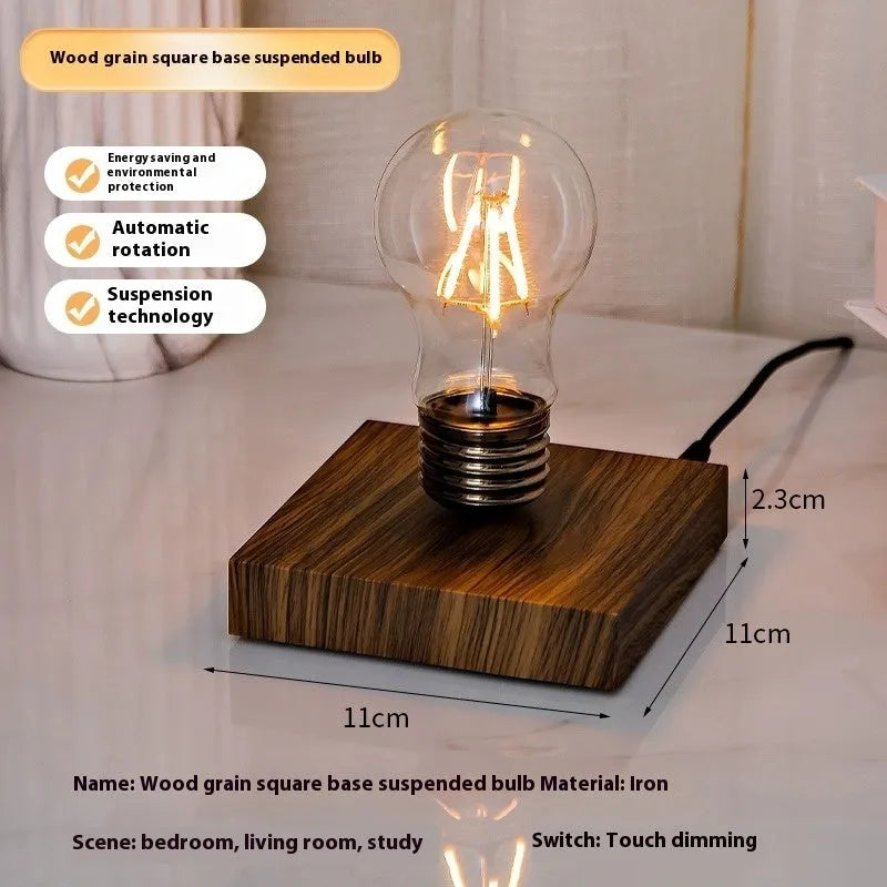 Creative suspension bulb small night lamp with iron art construction on wood grain base