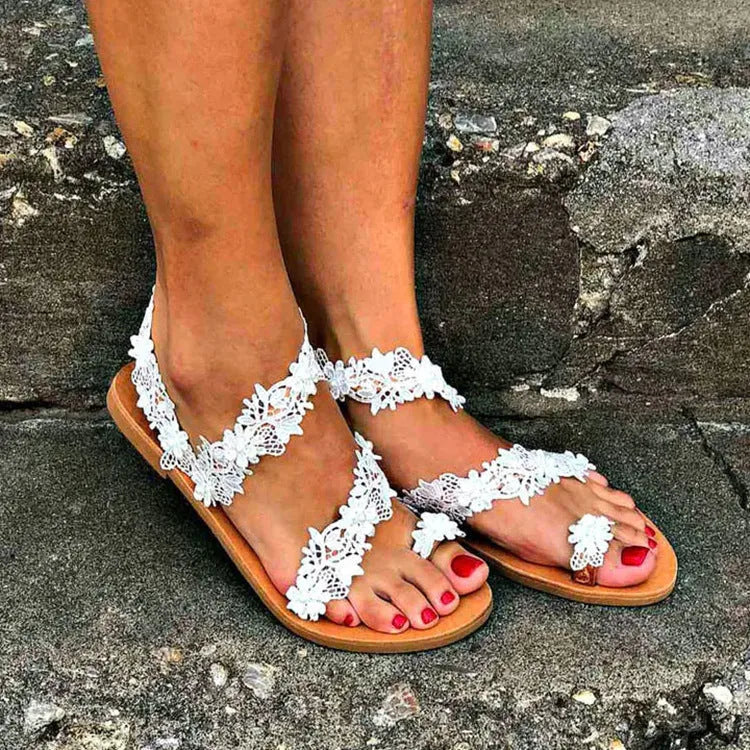 White women's sandals with floral pattern and rhinestones on PU upper, plus-size slip-on flats