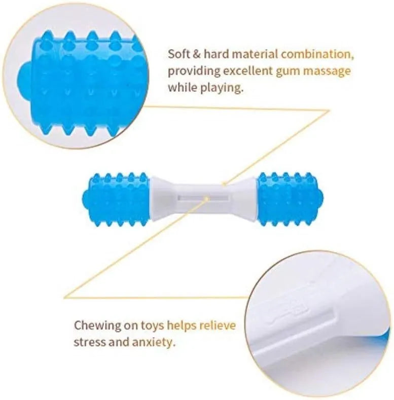 Dual-colour dog chew toy for teething puppies, shown in small, medium, and large sizes.