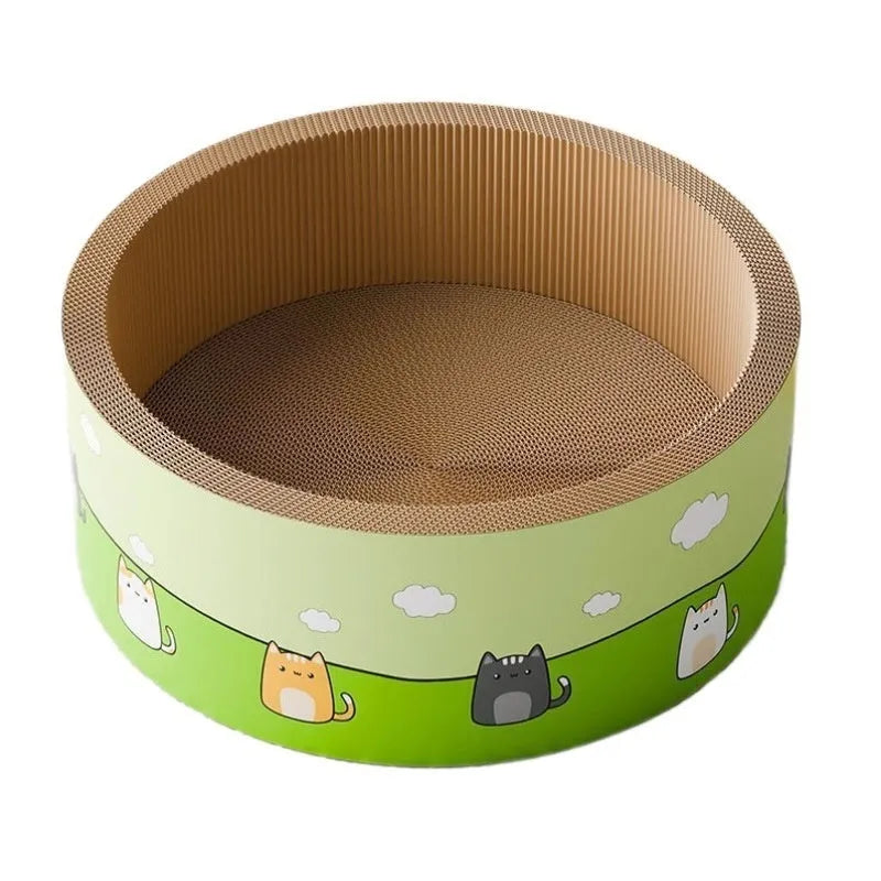 Large round corrugated paper cat scratch board with deepening pit design, shown in 45cm and 50cm sizes.