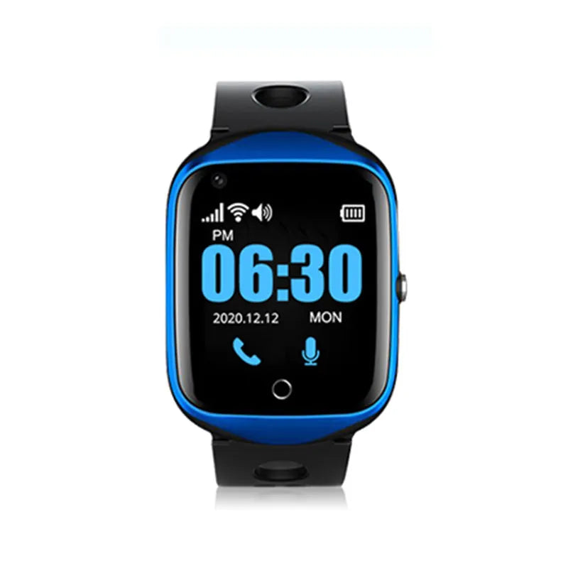 Square-faced elderly smart watch with silicone strap showing phone and GPS functions on 1.3-inch screen