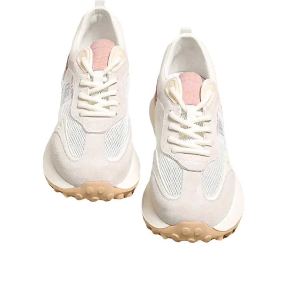 Women's grey and pink retro sneakers with low-top flat heel design and mesh lining