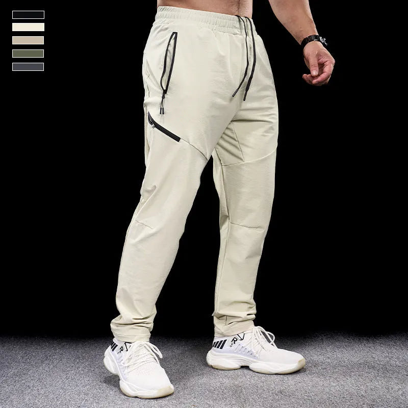 Men's Army Green waterproof quick-drying nylon workout pants, trousers length with mid waist.