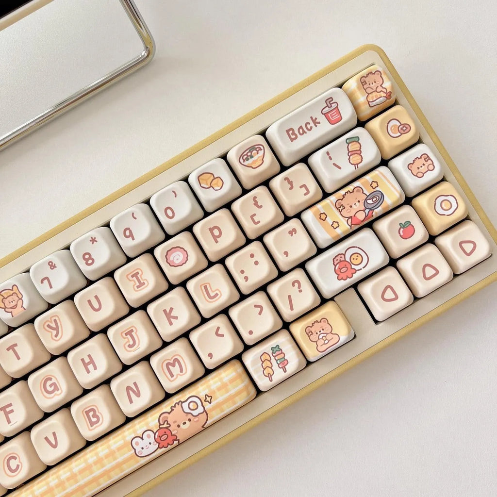 EOA height PBT keycap set with rabbit bear restaurant design, 140 pieces for mechanical keyboard customisation