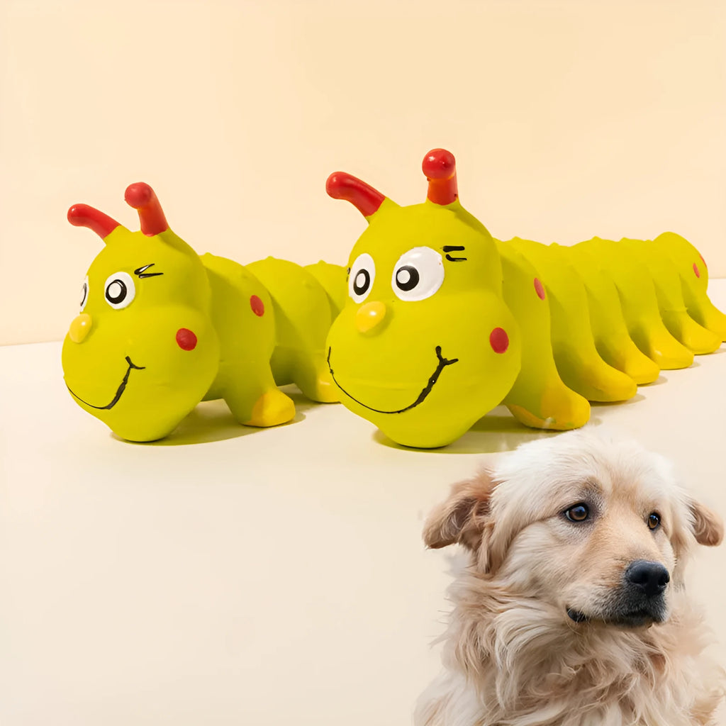 Yellow rubber caterpillar dog squeaky toy measuring 25.5 cm long