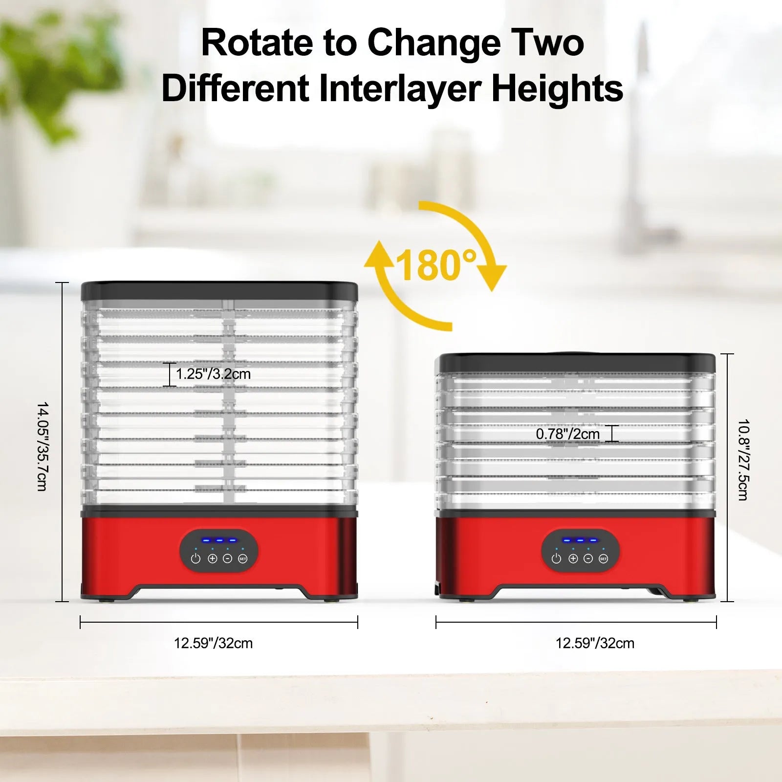 Silver or red 8-layer food dehydrator with 400W power and adjustable temperature control