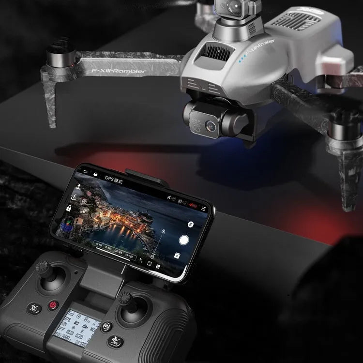 White folding quadcopter drone with camera and obstacle avoidance sensors on a grey background