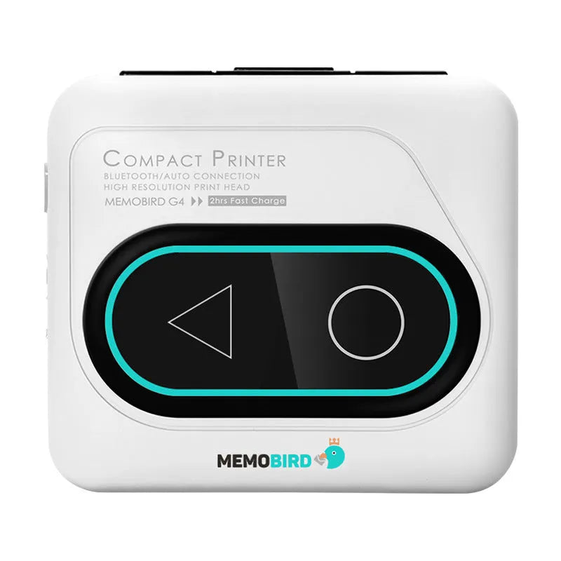Portable Bluetooth thermal mini printer in avocado green, pink, yellow duck, or white, showing compact size next to a smartphone.