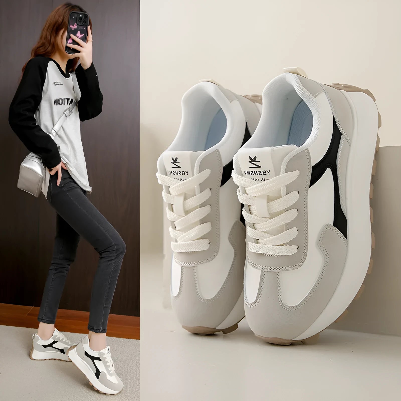 Women's solid colour platform sports running shoes with mesh upper and rubber sole in three colour options.