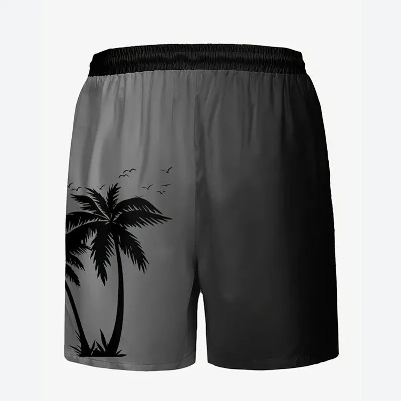Man wearing loose grey polyester beach shorts, showing fit and style for summer leisure.